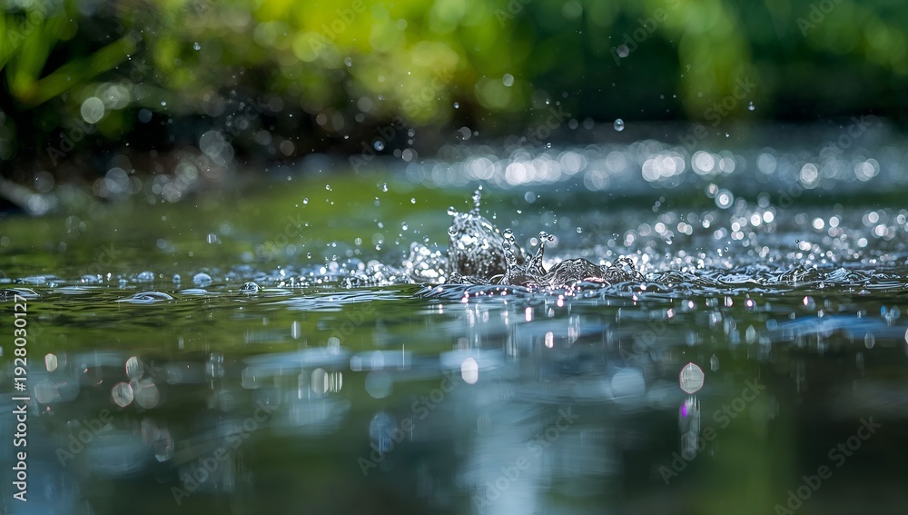 Fototapeta premium Water droplet creating ripple and splash on the pond surface. Capturing the motion and the clarity of water.