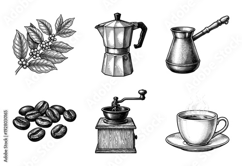 Vintage coffee brewing collection featuring hand drawn engraving style illustrations of beans branch moka pot grinder cezve and cup