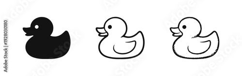 Rubber duck icon set in three styles: solid, outline, and hand-drawn doodle, on a white background.