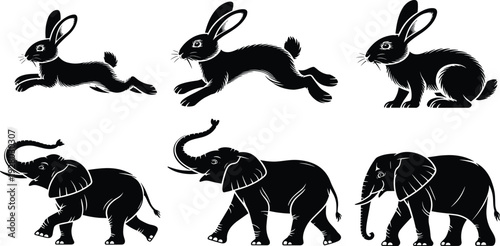 Black silhouette illustrations of rabbits leaping and elephants walking, minimal animal shapes highlighting agility, speed, posture, and movement for educational artistic design