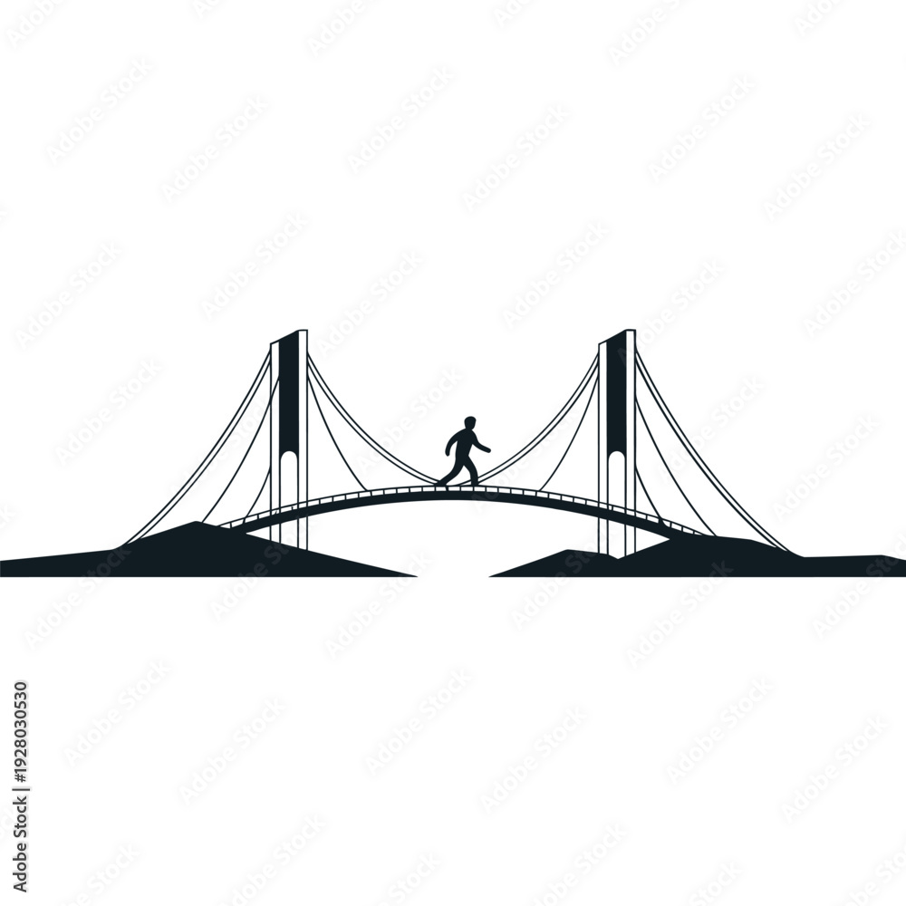 Fototapeta premium A silhouetted figure walks across a suspension bridge with tall towers