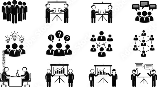 Business Teamwork and Meeting Icon Set with Presentation, Brainstorming, Collaboration and Leadership Concepts, Black Silhouette Vector Collection