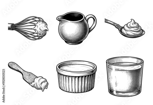 Vintage engraving style collection of dairy products and kitchen utensils featuring whipped cream, milk pitcher, whisk, and ramekin