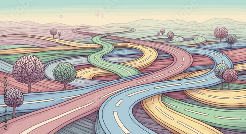 Winding Roads Through Rolling Hills Landscape.