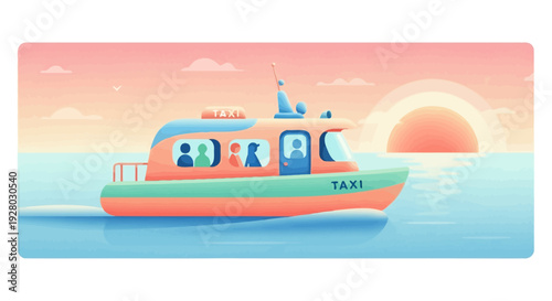 Ferry Boat Sailing at Sunset with Passengers.