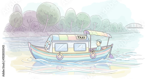 Water Taxi Boat with Person on River.