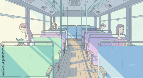 Illustration of Bus Interior with Passengers.