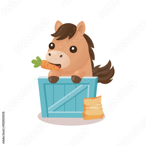 Adorable pony character with carrot and blue wooden crate.