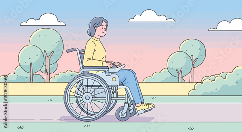 Woman in a wheelchair outdoors smiling.