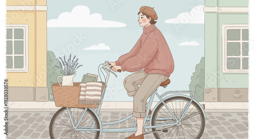 Woman Riding Bicycle with Baskets Full.