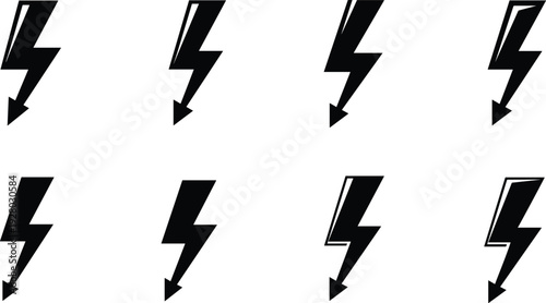 Lightning Bolt Icon Set with Electric Thunder Symbols, Energy Power Flash and High Voltage Black Vector Collection