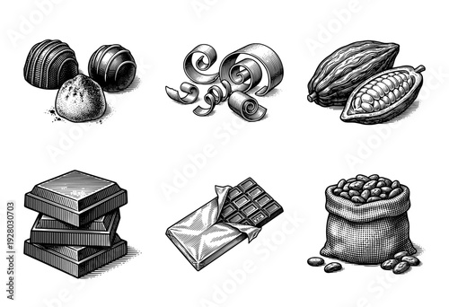 Vintage style engraving collection of chocolate products including truffles, cocoa pods, roasted beans in a sack, shavings, and broken bars.