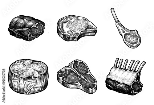 Set of vintage woodcut style meat cuts and steaks including ribeye t-bone and rack of lamb illustrations
