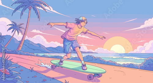 Young Man Skateboarding on Beach Path.