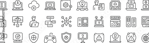 Professional cyber security and technology icon set featuring cloud computing, data protection shields, network server monitoring, laptop interface and software programming