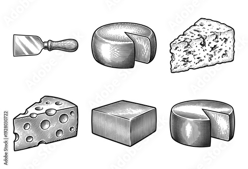 Vintage woodcut style collection of assorted cheese wheels slices and a traditional cutting knife in black line art