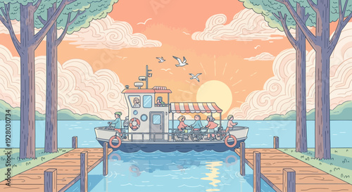 Illustration of a Houseboat on Water.