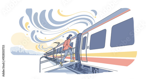 Woman Entering Train with Stylish Hair Flow.