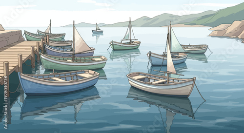 Sailboats anchored in calm waters near shore.