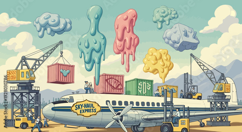 Airplane Cargo Containers Being Loaded by Cranes.