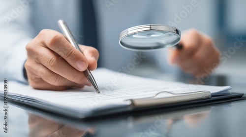 Hand holding magnifier and pen reviewing document on clipboard representing compliance management audit and regulatory review.