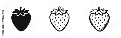 Strawberry icon set in three styles: solid, outline, and hand-drawn doodle, isolated on a white background.