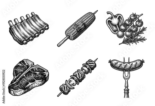 Vintage woodcut style collection of grilled meat and vegetables including ribs corn steak and skewers for barbecue menu design