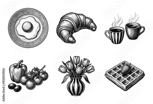 Set of breakfast and brunch food items in black and white vintage engraving style including egg croissant coffee vegetables flowers and waffle.