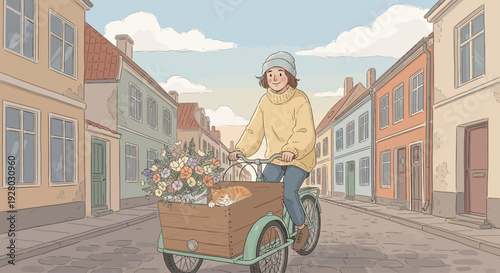 Woman Riding Bicycle with Flowers.