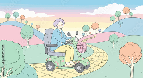 Elderly Woman Riding Mobility Scooter Outside.