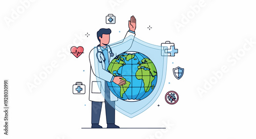 Illustration of a male doctor protecting the Earth with a shield surrounded by medical symbols in a flat, cartoon style with a white background and blue, green, and red color palette.