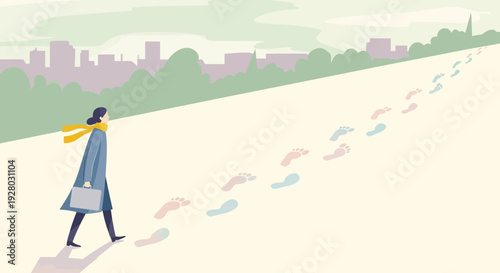 Woman Walking with Footprints Leading Forward.