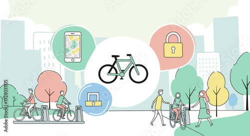 Bicycle Icon with Security and Mobile.