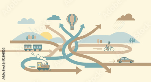 Transportation Routes and Vehicles Illustration.