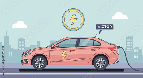 Electric Car Charging with Lightning Bolt Symbol.