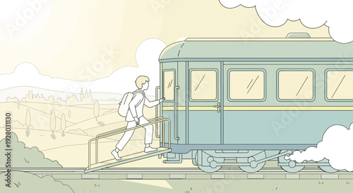 Man Entering Green Vintage Train Carriage.