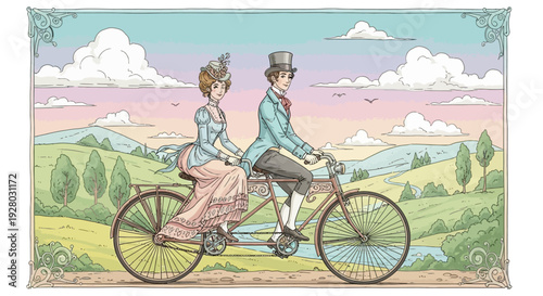 Vintage Couple Riding Tandem Bicycle Together.