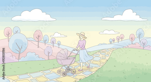 Woman Gardening in a Pastel Landscape.