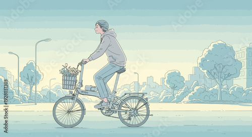 Woman Riding Bicycle with Shopping Basket.