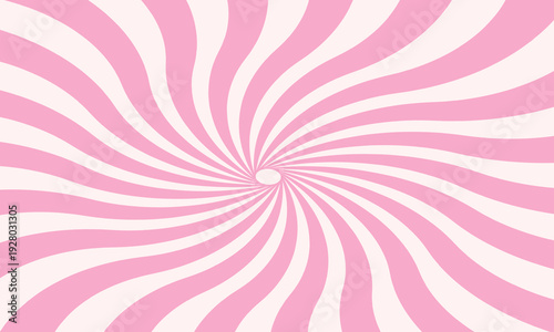Retro candy cane spiral background with strawberry cream swirls. Pink whirlpool bg. Whimsical Y2K vortex pattern featuring pastel pink and white radial beams in psychedelic cartoon style.