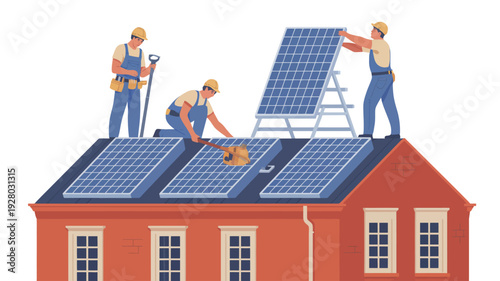 Workers Installing Solar Panels on Roof.