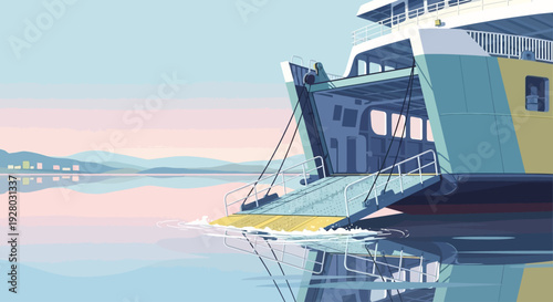 Large Ferry Boat Docked at Harbor.