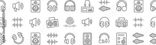 Professional audio and sound icon set featuring headphones, speakers, microphones, radio, megaphones, sound waves, volume controls, and music production equipment