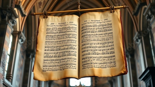 gregorian. Ancient Gregorian chant manuscript hanging in a church with aged parchment. event programs, museum guides, designed for cultural heritage projects and event programs.