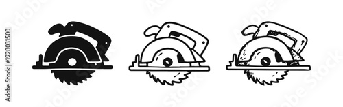 Circular Saw Icon Set. Vector illustration of Power Saw in Solid, Outline, and Hand-Drawn Styles on White Background.