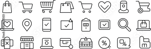 Online shopping e-commerce icon set featuring retail store shopping carts, paper bags, credit cards, location pins, and mobile payment symbols