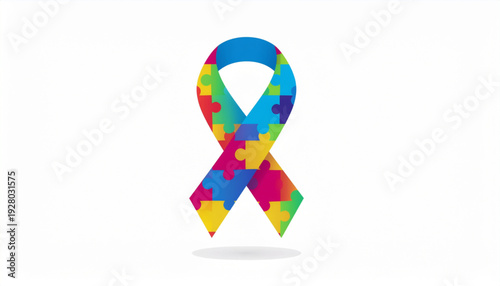 Autism Awareness Ribbon Vector – Puzzle Pattern Design with Blue and Rainbow Accents, Minimal Poster Layout with Editable Text Space