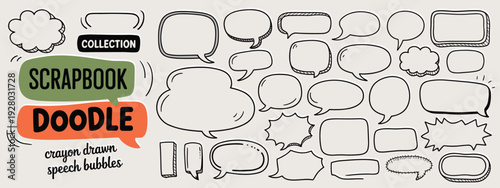 Hand drawn speech bubble doodle set, crayon style scrapbook clouds and frames for chat communication, message bubbles vector design elements.