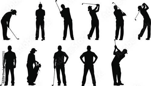 Black silhouettes of male and female golfers in various playing poses, athletes swinging clubs and standing, sports vector illustration,