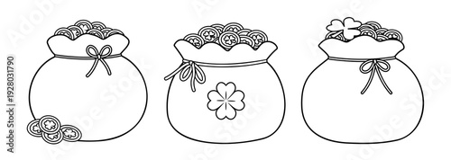 St. Patrick’s Day Money Pouch with Gold Coins Outline Set.
Shamrock Money Bag Coloring Page and Template.
Lucky Gold Coin Pouch Line Art Vector Collection.
